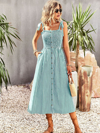 Midi Dresses- Striped Midi Dress With Buttons Front & Shoulder Tie- Deep green- IndioGear Fashion and Gear