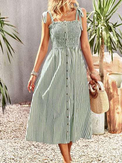 Midi Dresses- Striped Midi Dress With Buttons Front & Shoulder Tie- Green- IndioGear Fashion and Gear