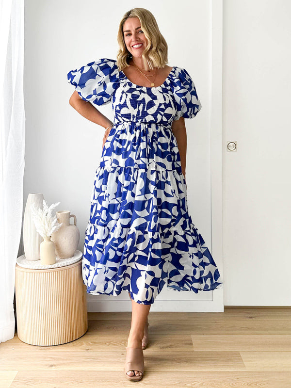 Midi Dresses- Summer Wedding Floral A-Line Midi Dress with Smocked Tiers & Puff Sleeves- Blue- IndioGear Fashion and Gear