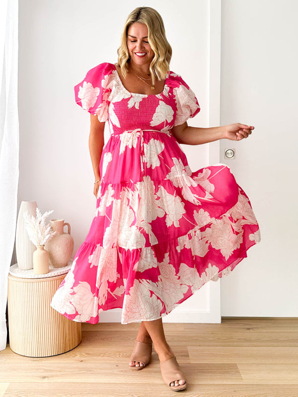 Midi Dresses- Summer Wedding Floral A-Line Midi Dress with Smocked Tiers & Puff Sleeves- - IndioGear Fashion and Gear