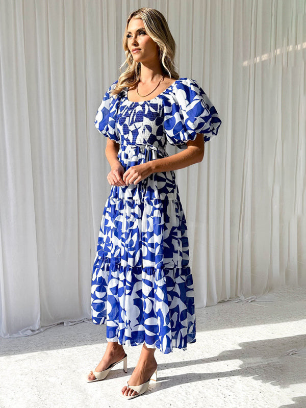 Midi Dresses- Summer Wedding Floral A-Line Midi Dress with Smocked Tiers & Puff Sleeves- - IndioGear Fashion and Gear