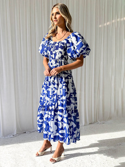 Midi Dresses- Summer Wedding Floral A-Line Midi Dress with Smocked Tiers & Puff Sleeves- - IndioGear Fashion and Gear