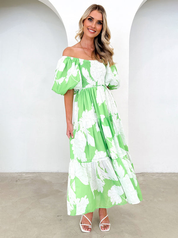 Midi Dresses- Summer Wedding Floral A-Line Midi Dress with Smocked Tiers & Puff Sleeves- - IndioGear Fashion and Gear