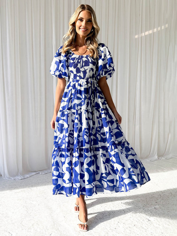 Midi Dresses- Summer Wedding Floral A-Line Midi Dress with Smocked Tiers & Puff Sleeves- - IndioGear Fashion and Gear