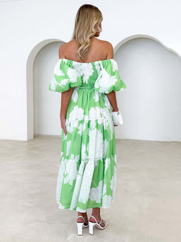 Midi Dresses- Summer Wedding Floral A-Line Midi Dress with Smocked Tiers & Puff Sleeves- - IndioGear Fashion and Gear