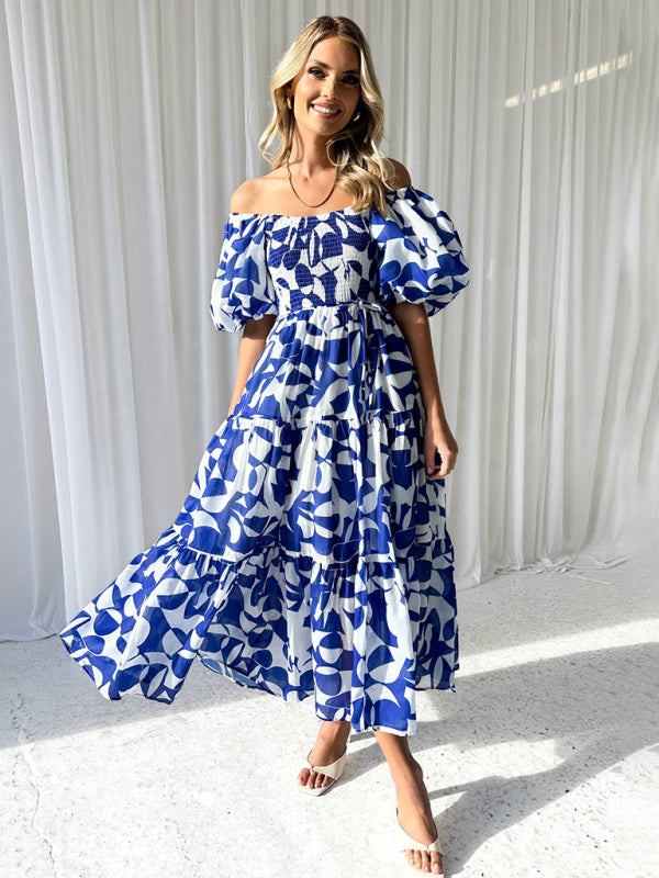 Midi Dresses- Summer Wedding Floral A-Line Midi Dress with Smocked Tiers & Puff Sleeves- - IndioGear Fashion and Gear