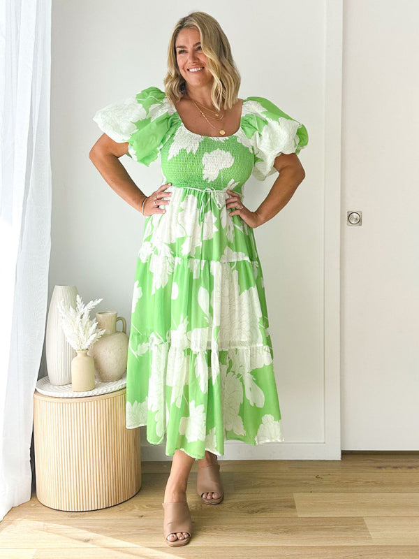 Midi Dresses- Summer Wedding Floral A-Line Midi Dress with Smocked Tiers & Puff Sleeves- Green- IndioGear Fashion and Gear