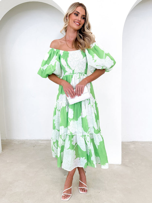 Midi Dresses- Summer Wedding Floral A-Line Midi Dress with Smocked Tiers & Puff Sleeves- - IndioGear Fashion and Gear