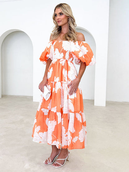 Midi Dresses- Summer Wedding Floral A-Line Midi Dress with Smocked Tiers & Puff Sleeves- - IndioGear Fashion and Gear