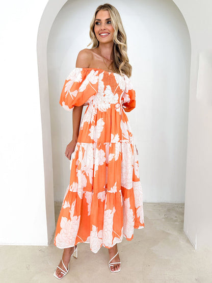 Midi Dresses- Summer Wedding Floral A-Line Midi Dress with Smocked Tiers & Puff Sleeves- - IndioGear Fashion and Gear