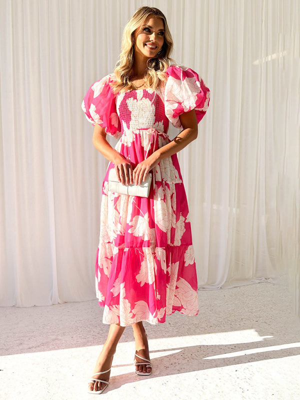 Midi Dresses- Summer Wedding Floral A-Line Midi Dress with Smocked Tiers & Puff Sleeves- - IndioGear Fashion and Gear