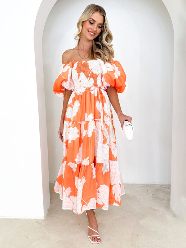 Midi Dresses- Summer Wedding Floral A-Line Midi Dress with Smocked Tiers & Puff Sleeves- - IndioGear Fashion and Gear