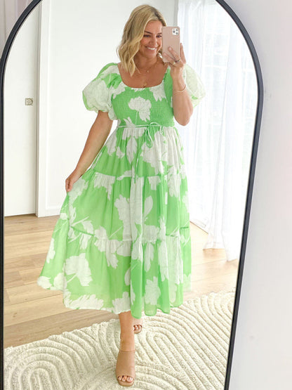 Midi Dresses- Summer Wedding Floral A-Line Midi Dress with Smocked Tiers & Puff Sleeves- - IndioGear Fashion and Gear