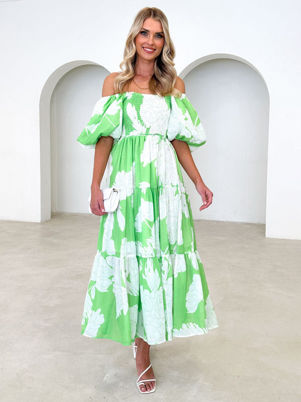 Midi Dresses- Summer Wedding Floral A-Line Midi Dress with Smocked Tiers & Puff Sleeves- - IndioGear Fashion and Gear