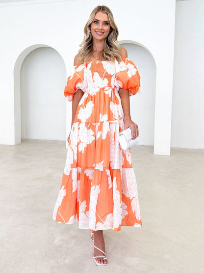 Midi Dresses- Summer Wedding Floral A-Line Midi Dress with Smocked Tiers & Puff Sleeves- Orange- IndioGear Fashion and Gear