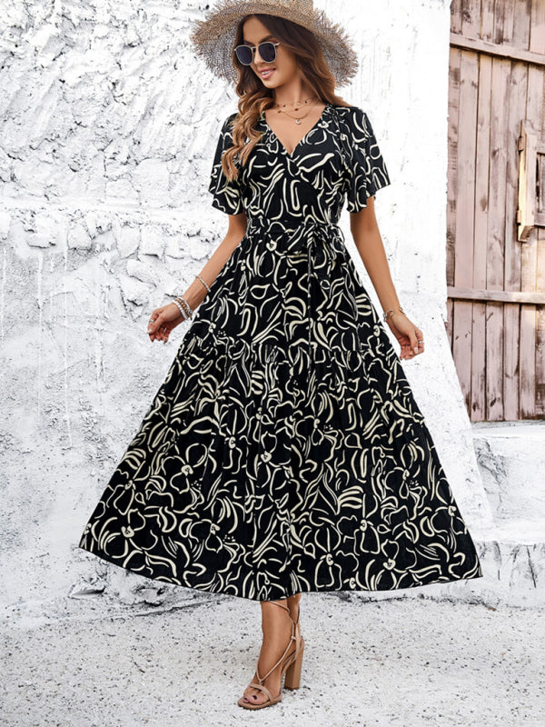 Midi Dresses- Surplice V-Neck Belted Midi Dress with Flounce Sleeves in Textured Print- - IndioGear Fashion and Gear