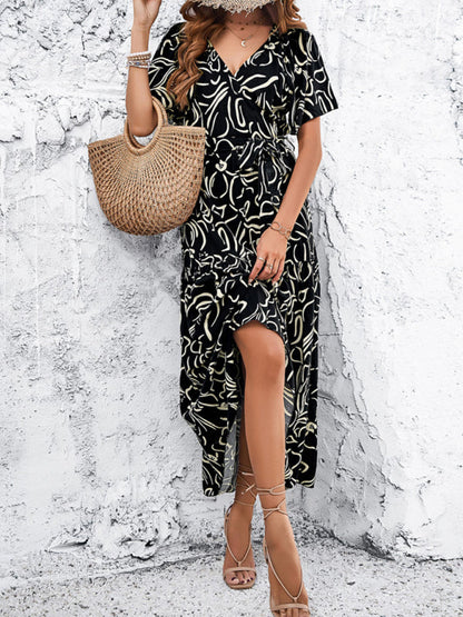 Midi Dresses- Surplice V-Neck Belted Midi Dress with Flounce Sleeves in Textured Print- - IndioGear Fashion and Gear