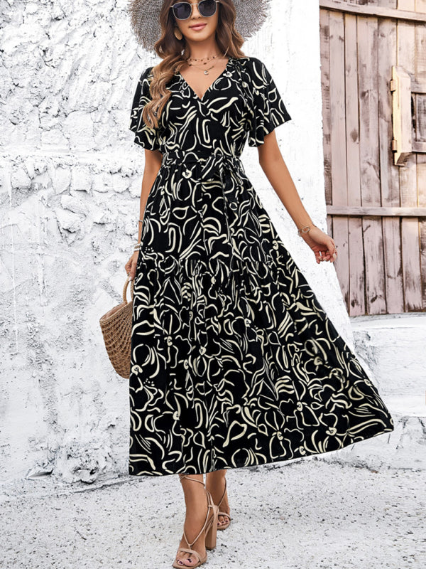 Midi Dresses- Surplice V-Neck Belted Midi Dress with Flounce Sleeves in Textured Print- - IndioGear Fashion and Gear