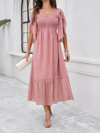 Midi Dresses- Swiss Dot Cocktail Dress with Flounce Sleeves & High Waist- Pink- IndioGear Fashion and Gear