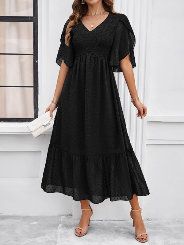 Midi Dresses- Swiss Dot Cocktail Dress with Flounce Sleeves & High Waist- Black- IndioGear Fashion and Gear