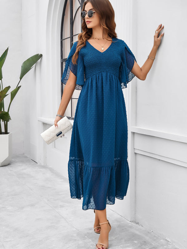 Midi Dresses- Swiss Dot Cocktail Dress with Flounce Sleeves & High Waist- - IndioGear Fashion and Gear