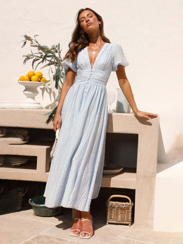 Midi Dresses- Textured Plunge Neck Midi Dress with Smocked Waist- - IndioGear Fashion and Gear