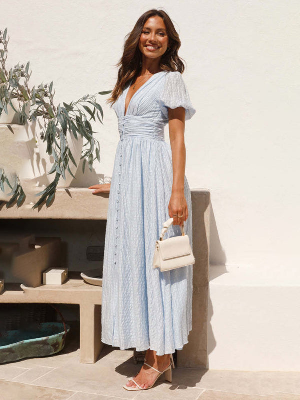 Midi Dresses- Textured Plunge Neck Midi Dress with Smocked Waist- - IndioGear Fashion and Gear