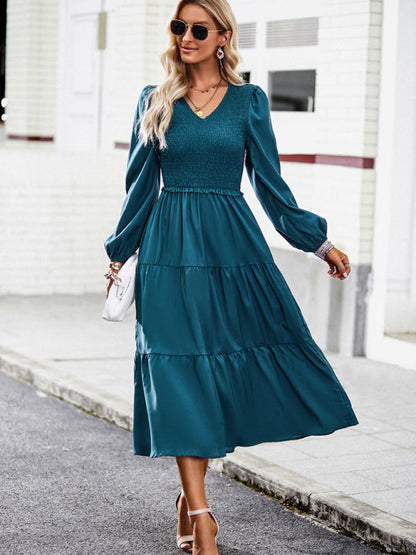 Midi Dresses- Time to Shine: Women's Smocked Long Sleeves V Neck Tiered Midi Dress- Blue- IndioGear Fashion and Gear