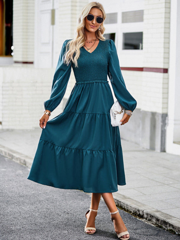 Midi Dresses- Time to Shine: Women's Smocked Long Sleeves V Neck Tiered Midi Dress- - IndioGear Fashion and Gear