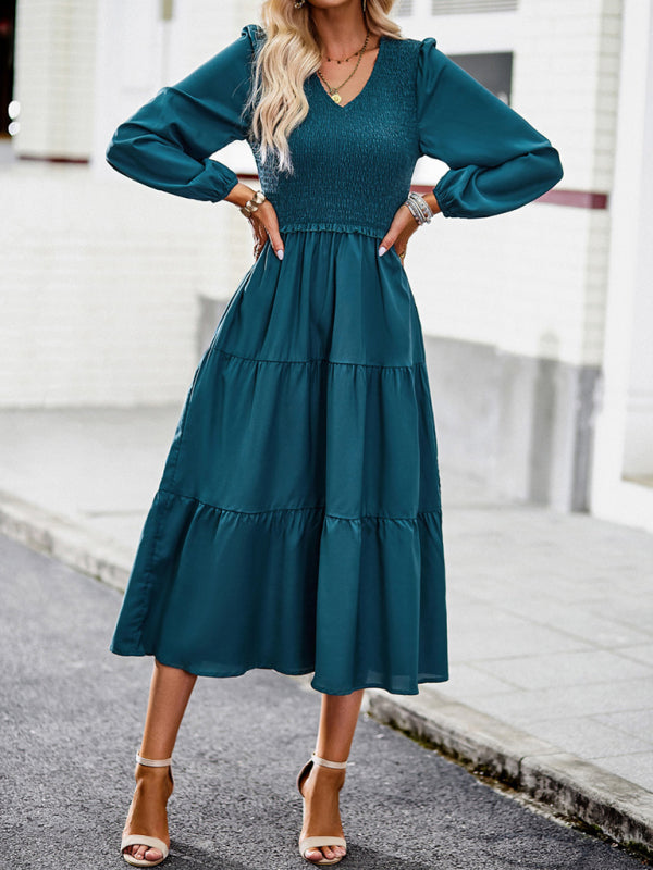 Midi Dresses- Time to Shine: Women's Smocked Long Sleeves V Neck Tiered Midi Dress- - IndioGear Fashion and Gear