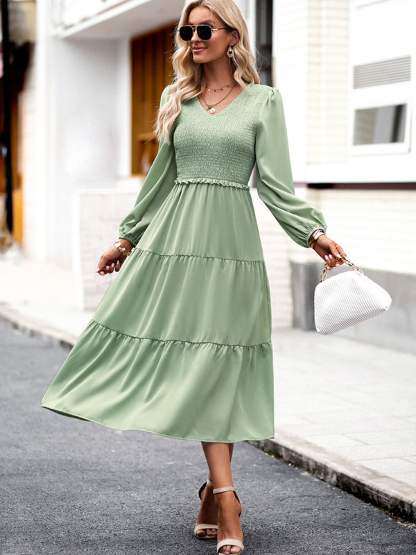 Midi Dresses- Time to Shine: Women's Smocked Long Sleeves V Neck Tiered Midi Dress- Green- IndioGear Fashion and Gear