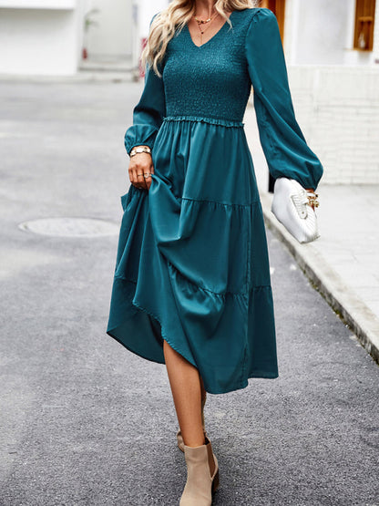 Midi Dresses- Time to Shine: Women's Smocked Long Sleeves V Neck Tiered Midi Dress- - IndioGear Fashion and Gear