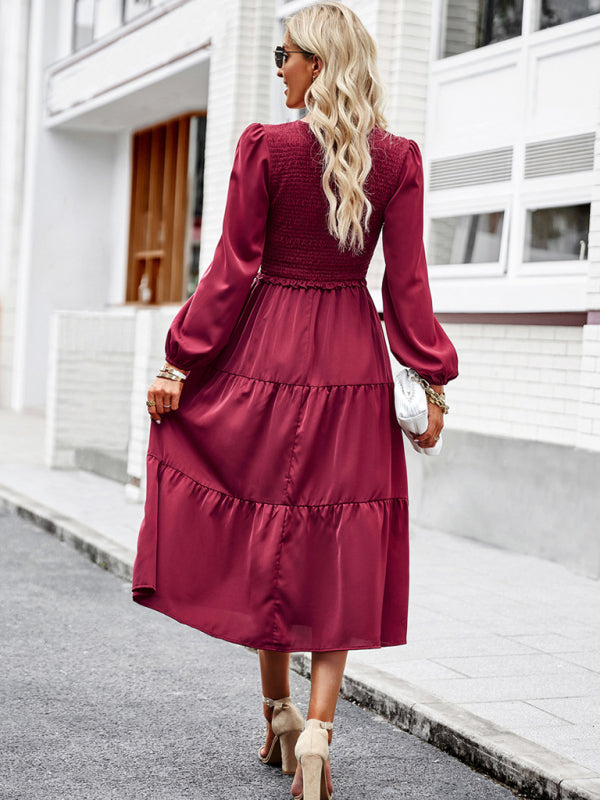 Midi Dresses- Time to Shine: Women's Smocked Long Sleeves V Neck Tiered Midi Dress- - IndioGear Fashion and Gear