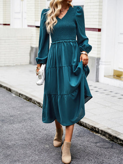 Midi Dresses- Time to Shine: Women's Smocked Long Sleeves V Neck Tiered Midi Dress- - IndioGear Fashion and Gear