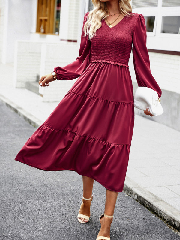 Midi Dresses- Time to Shine: Women's Smocked Long Sleeves V Neck Tiered Midi Dress- - IndioGear Fashion and Gear