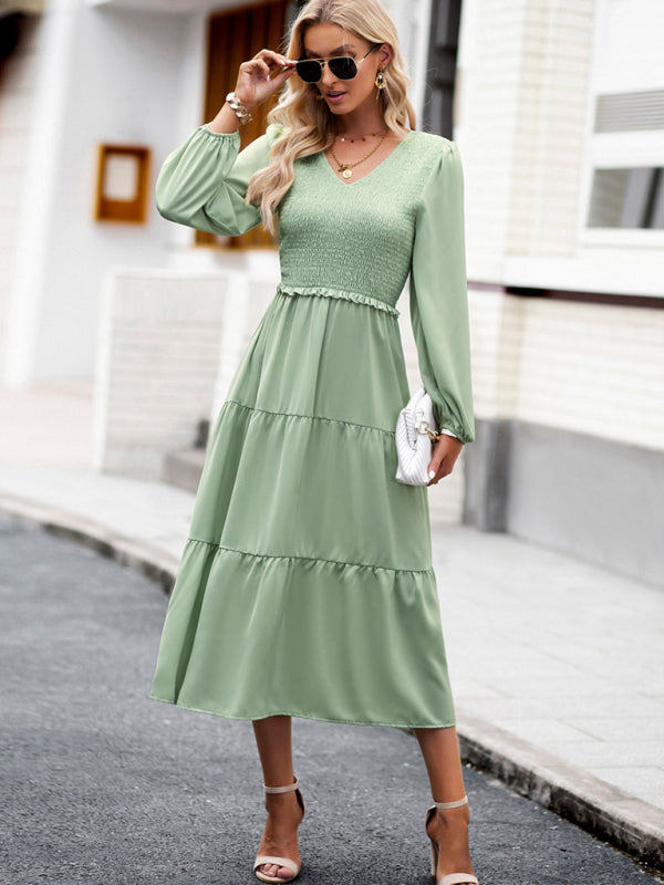 Midi Dresses- Time to Shine: Women's Smocked Long Sleeves V Neck Tiered Midi Dress- - IndioGear Fashion and Gear