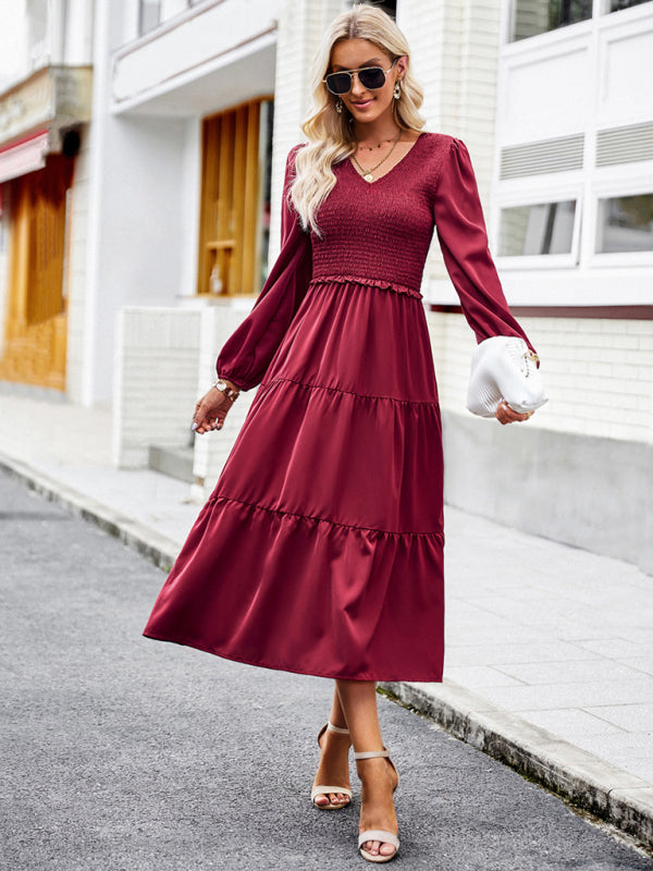 Midi Dresses- Time to Shine: Women's Smocked Long Sleeves V Neck Tiered Midi Dress- - IndioGear Fashion and Gear