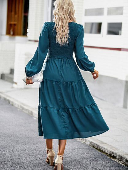 Midi Dresses- Time to Shine: Women's Smocked Long Sleeves V Neck Tiered Midi Dress- - IndioGear Fashion and Gear