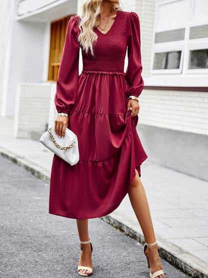 Midi Dresses- Time to Shine: Women's Smocked Long Sleeves V Neck Tiered Midi Dress- Wine Red- IndioGear Fashion and Gear