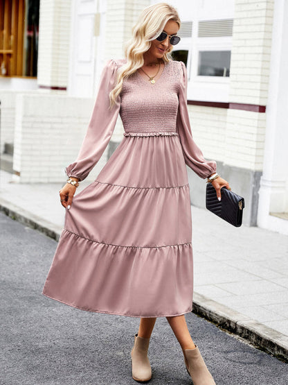 Midi Dresses- Time to Shine: Women's Smocked Long Sleeves V Neck Tiered Midi Dress- - IndioGear Fashion and Gear