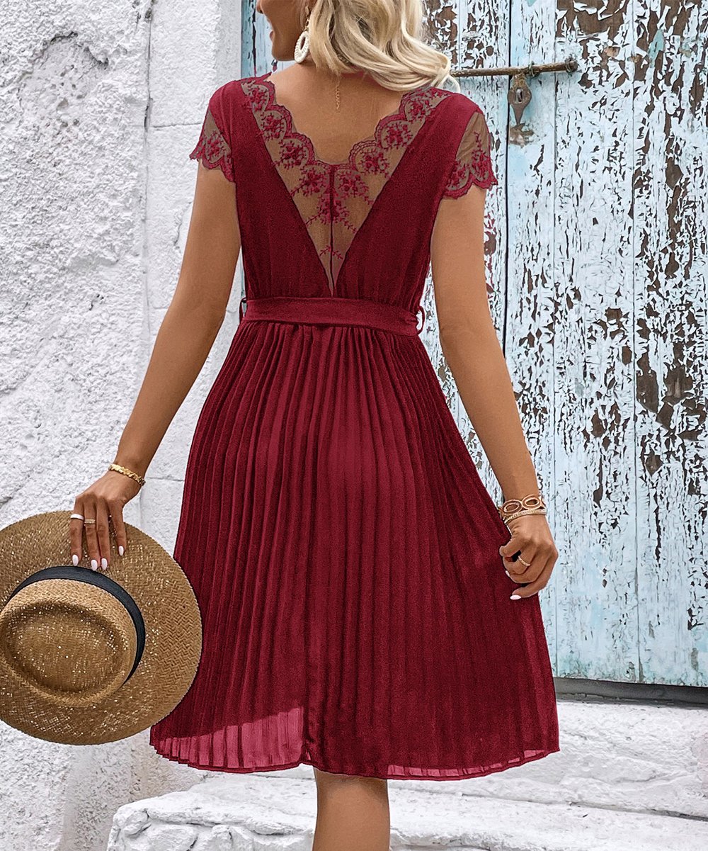 Midi Dresses- Timeless Elegance: Pleated Dress with Matching Belt and Lace Trim- - Pekosa Women Clothing