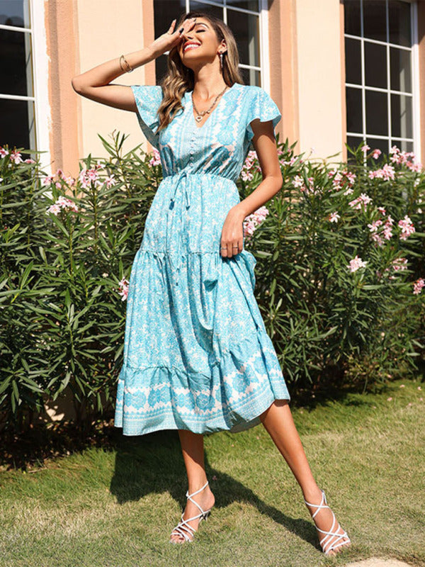 Midi Dresses- Timeless Romance: Women's Floral Tiered Petal Sleeves Midi Dress- Green- IndioGear Fashion and Gear