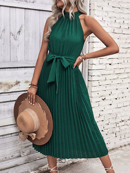 Midi Dresses- Timelessly Elegant: Women's Sleeveless Pleated Belted Halter Dress- Green- IndioGear Fashion and Gear