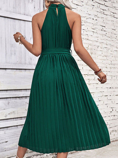 Midi Dresses- Timelessly Elegant: Women's Sleeveless Pleated Belted Halter Dress- - IndioGear Fashion and Gear