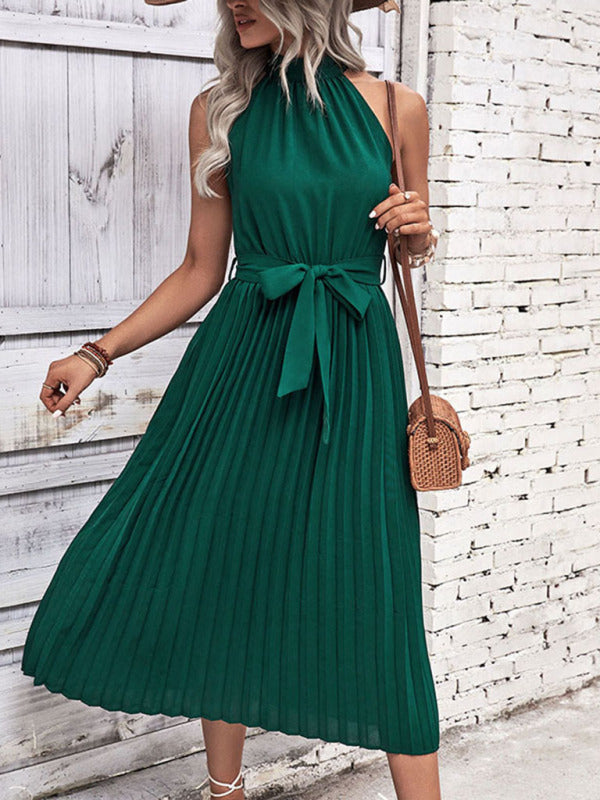 Midi Dresses- Timelessly Elegant: Women's Sleeveless Pleated Belted Halter Dress- - IndioGear Fashion and Gear