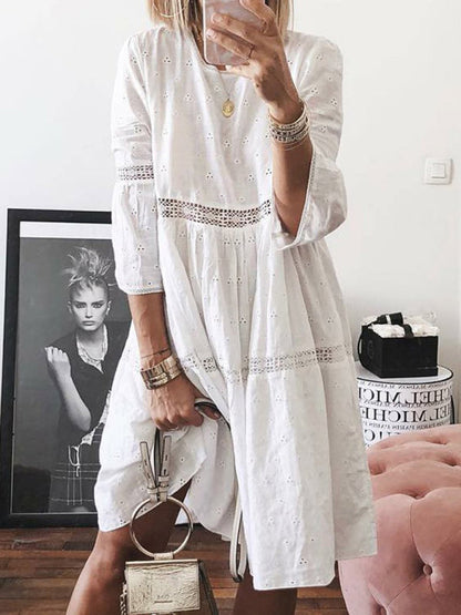 Midi Dresses- Vacation Ready: Women's Boho Eyelet Lace Midi Dress with 3/4 Sleeves- White- IndioGear Fashion and Gear