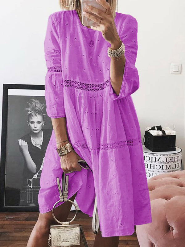 Midi Dresses- Vacation Ready: Women's Boho Eyelet Lace Midi Dress with 3/4 Sleeves- Purple- IndioGear Fashion and Gear