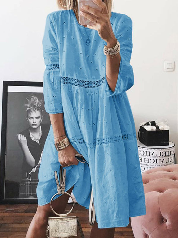 Midi Dresses- Vacation Ready: Women's Boho Eyelet Lace Midi Dress with 3/4 Sleeves- Blue- IndioGear Fashion and Gear