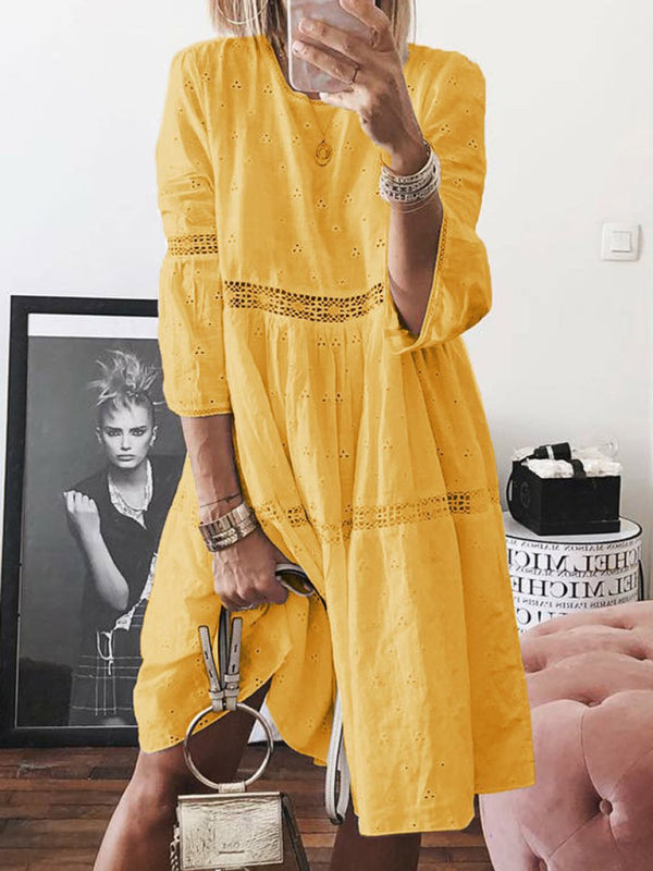 Midi Dresses- Vacation Ready: Women's Boho Eyelet Lace Midi Dress with 3/4 Sleeves- Yellow- IndioGear Fashion and Gear