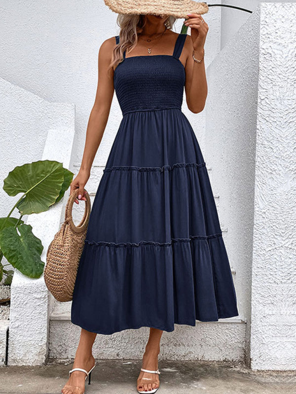 Midi Dresses- Vacation-ready Women's Square Neck Dress: Tiered Cami, Open Back Dress- Navy Blue- IndioGear Fashion and Gear